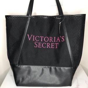 Victoria's Secret Black Mesh Pink Logo Tote Bag